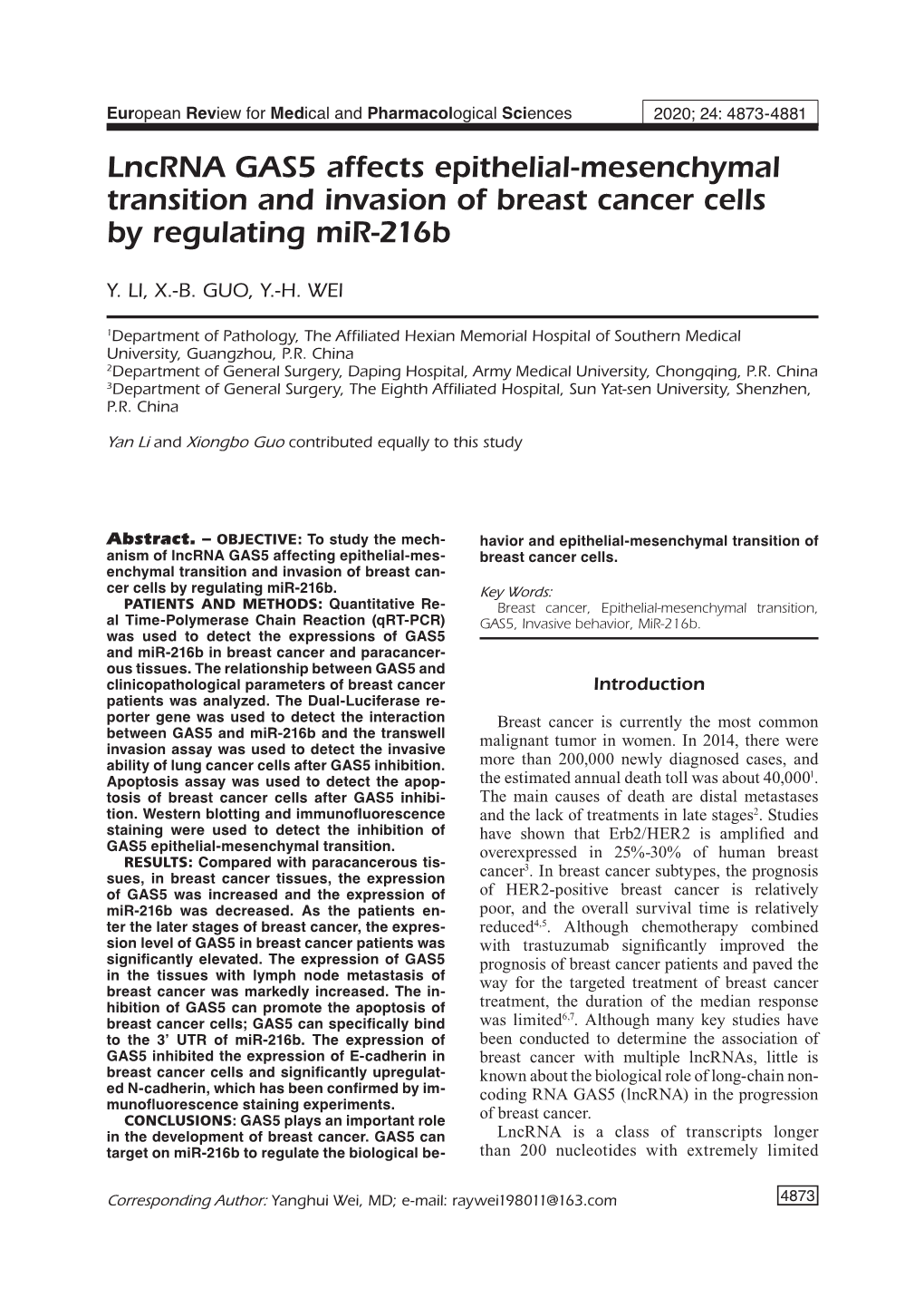 Lncrna GAS5 Affects Epithelial-Mesenchymal Transition and Invasion of Breast Cancer Cells by Regulating Mir-216B