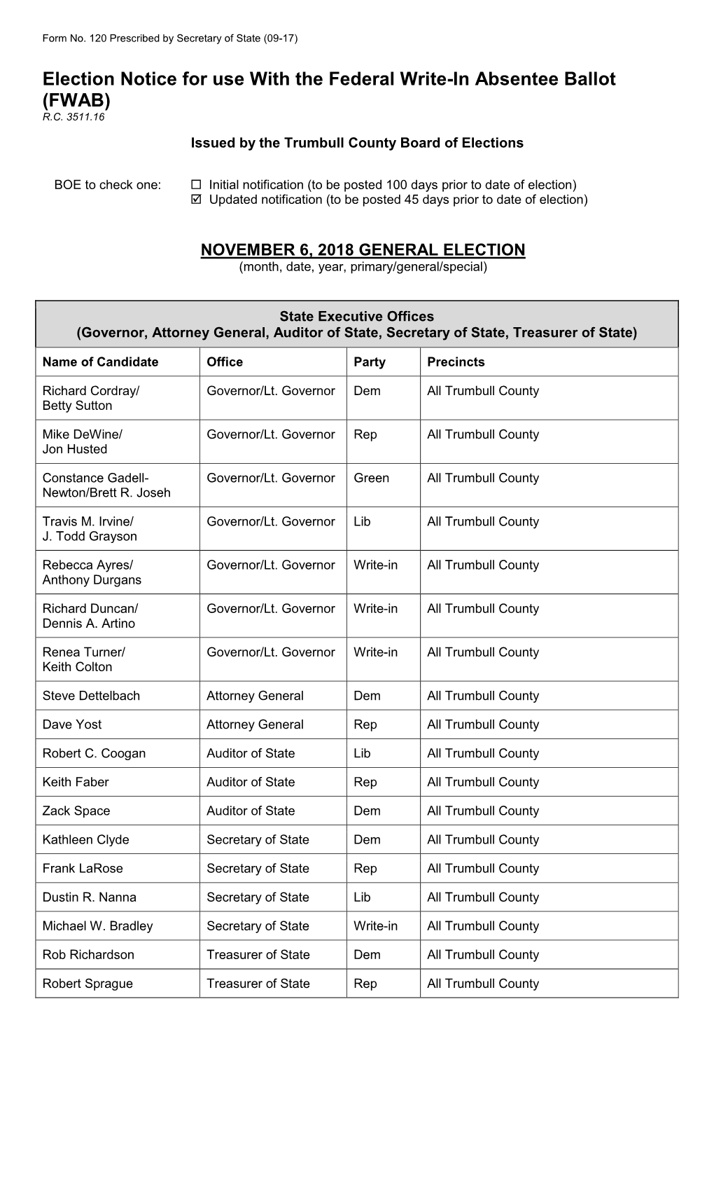 Election Notice for Use with the Federal Write-In Absentee Ballot (FWAB) R.C