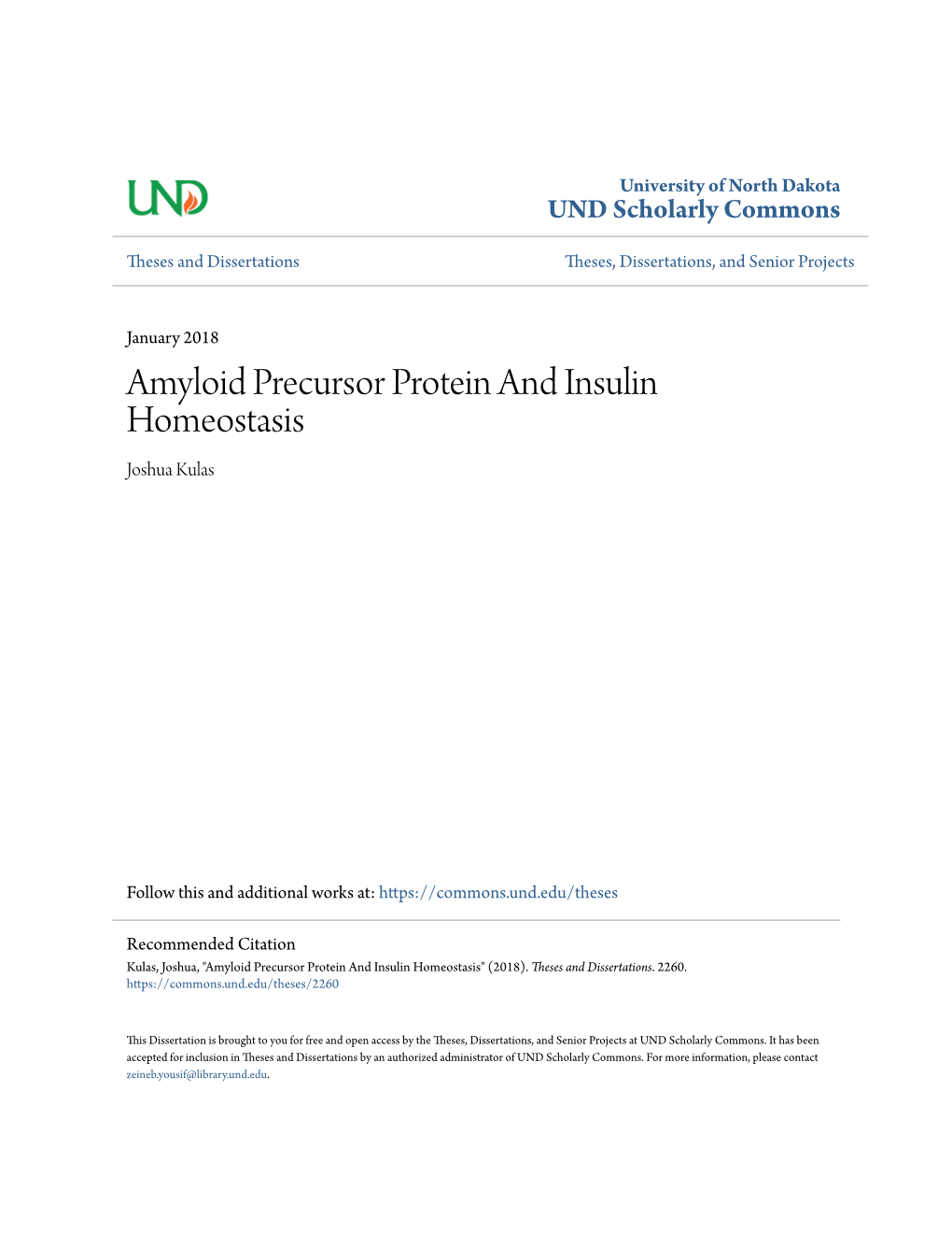 Amyloid Precursor Protein and Insulin Homeostasis Joshua Kulas
