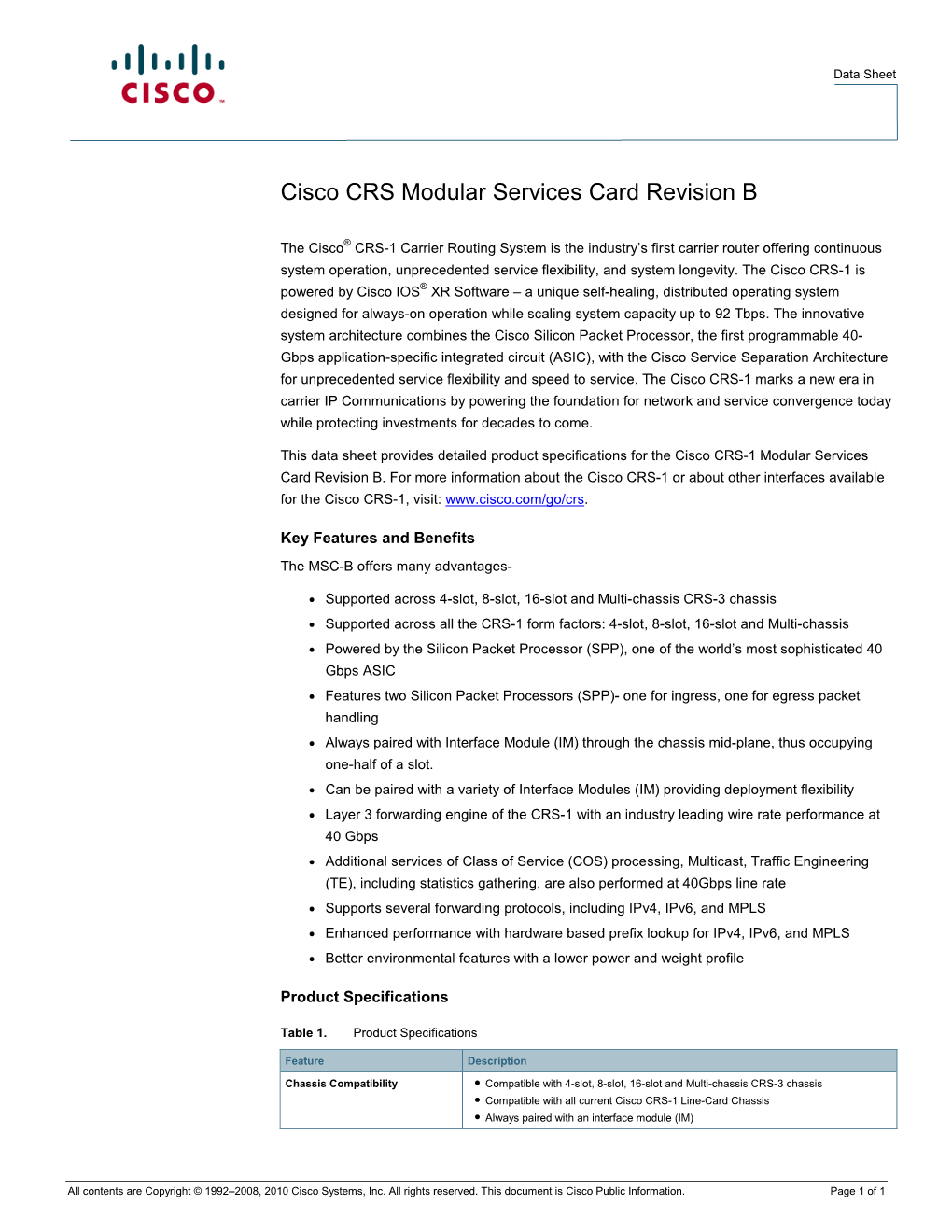 Cisco CRS Modular Services Card Revision B