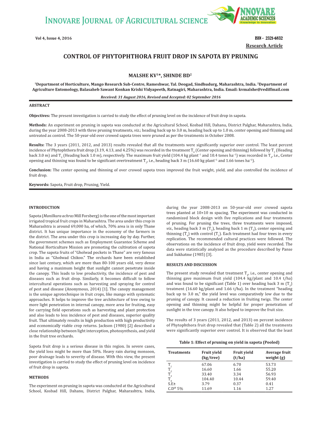 Control of Phytophthora Fruit Drop in Sapota by Pruning