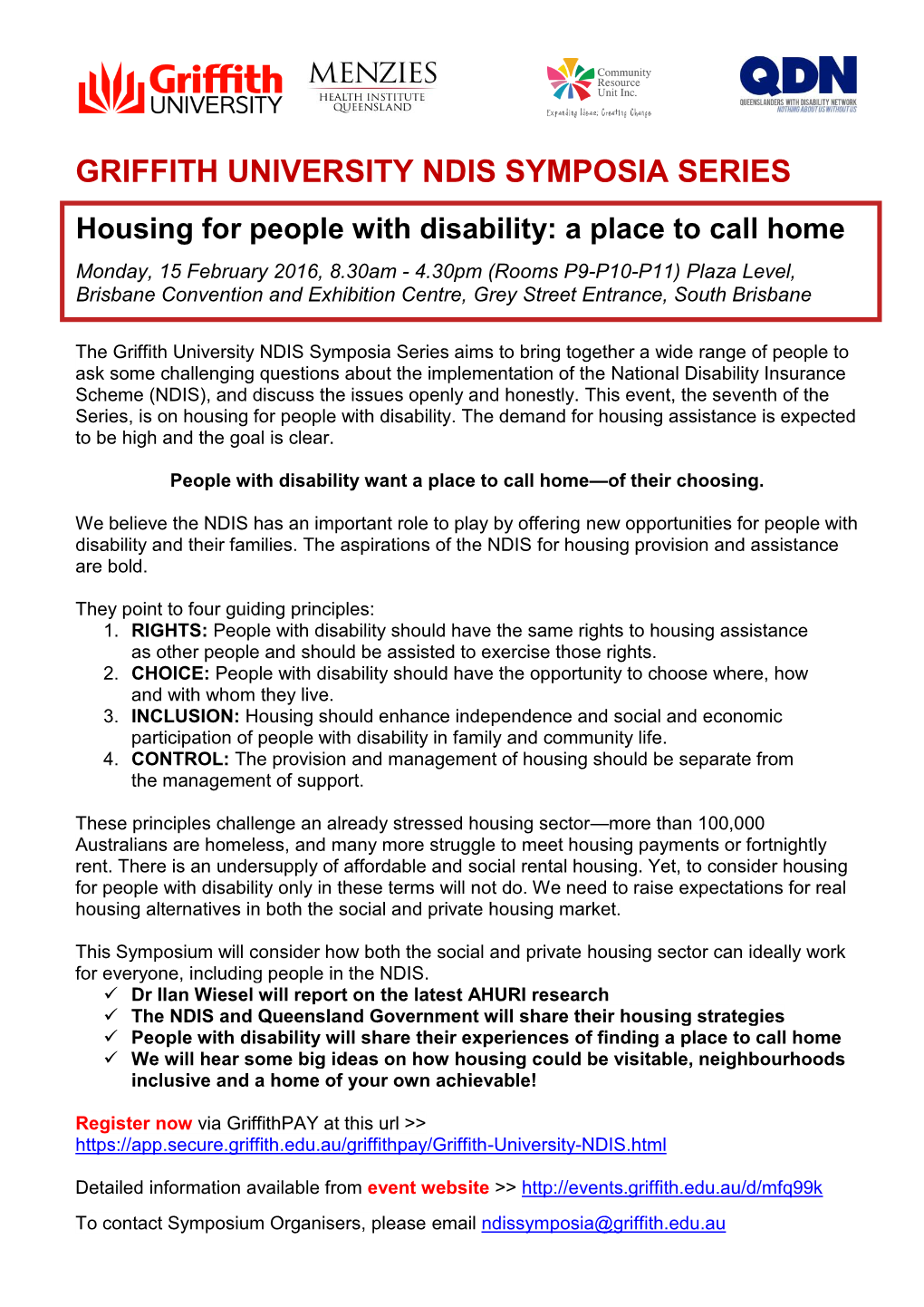 GRIFFITH UNIVERSITY NDIS SYMPOSIA SERIES Housing for People with Disability: a Place to Call Home