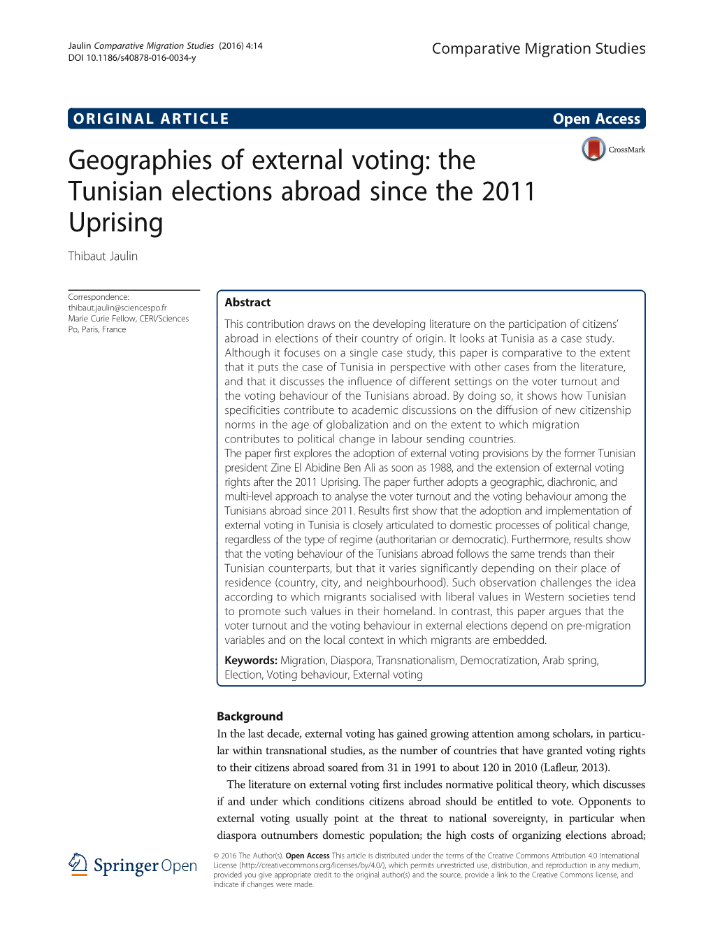 Geographies of External Voting: the Tunisian Elections Abroad Since the 2011 Uprising Thibaut Jaulin