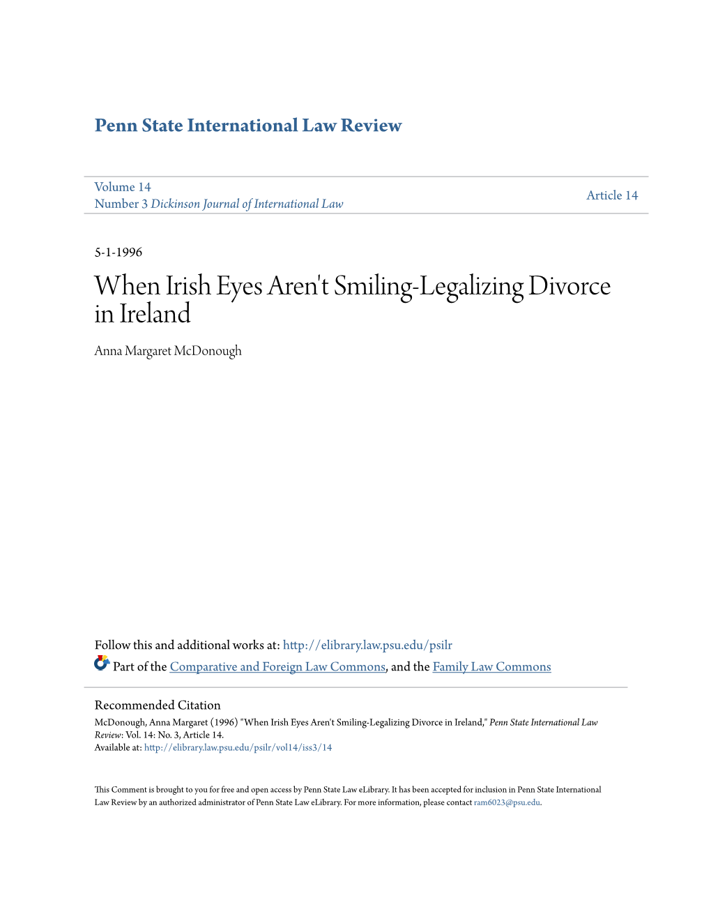 When Irish Eyes Aren't Smiling-Legalizing Divorce in Ireland Anna Margaret Mcdonough