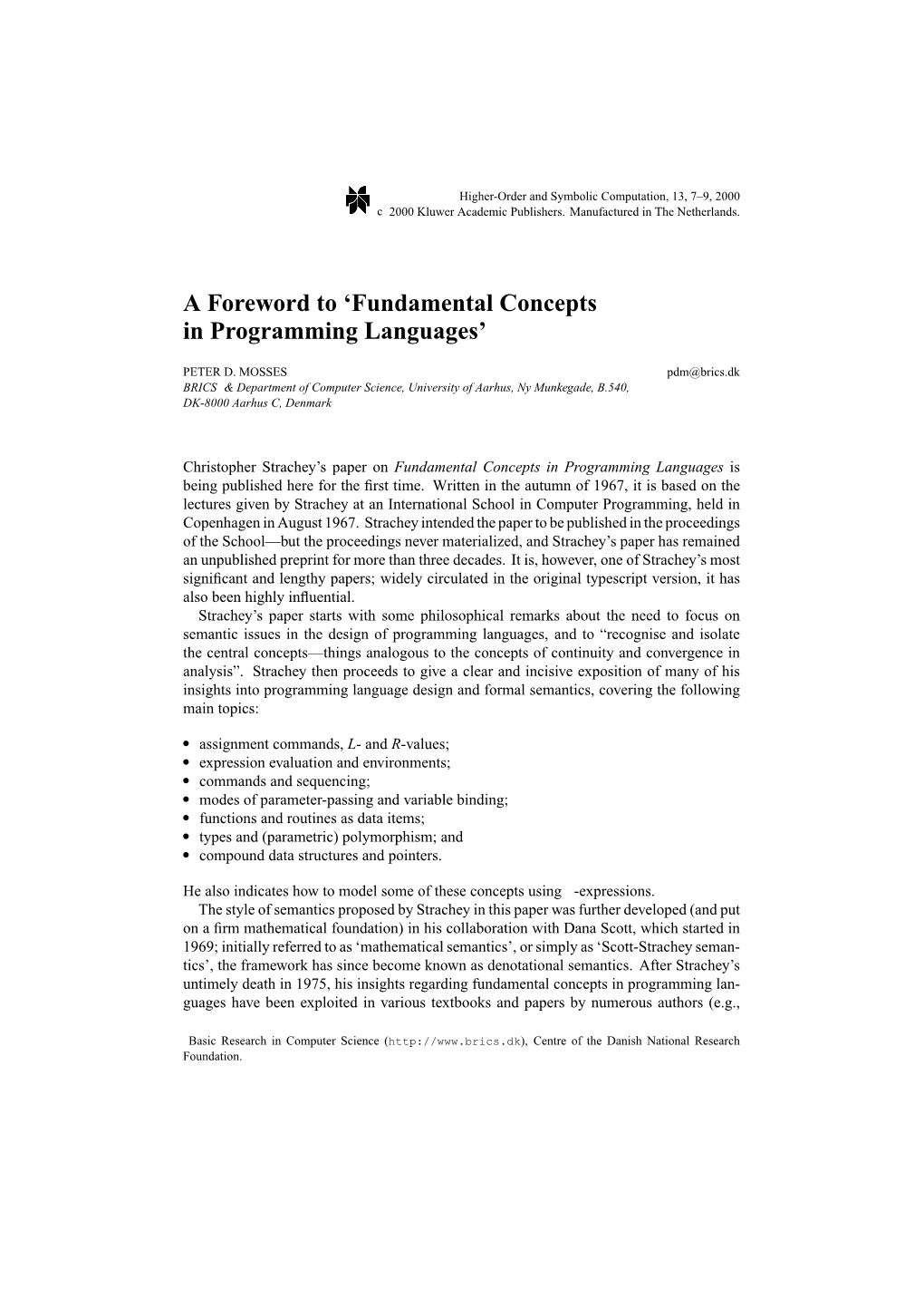 A Foreword to 'Fundamental Concepts in Programming Languages'