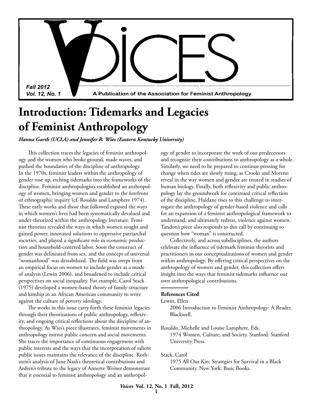 Introduction: Tidemarks and Legacies of Feminist Anthropology Hanna Garth (UCLA) and Jennifer R