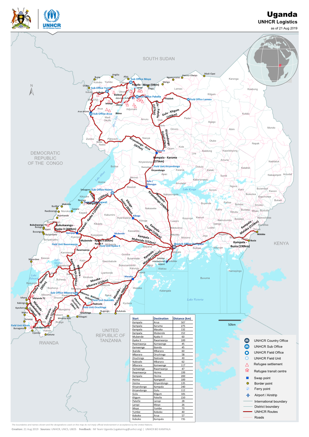 Uganda UNHCR Logistics As of 21 Aug 2019