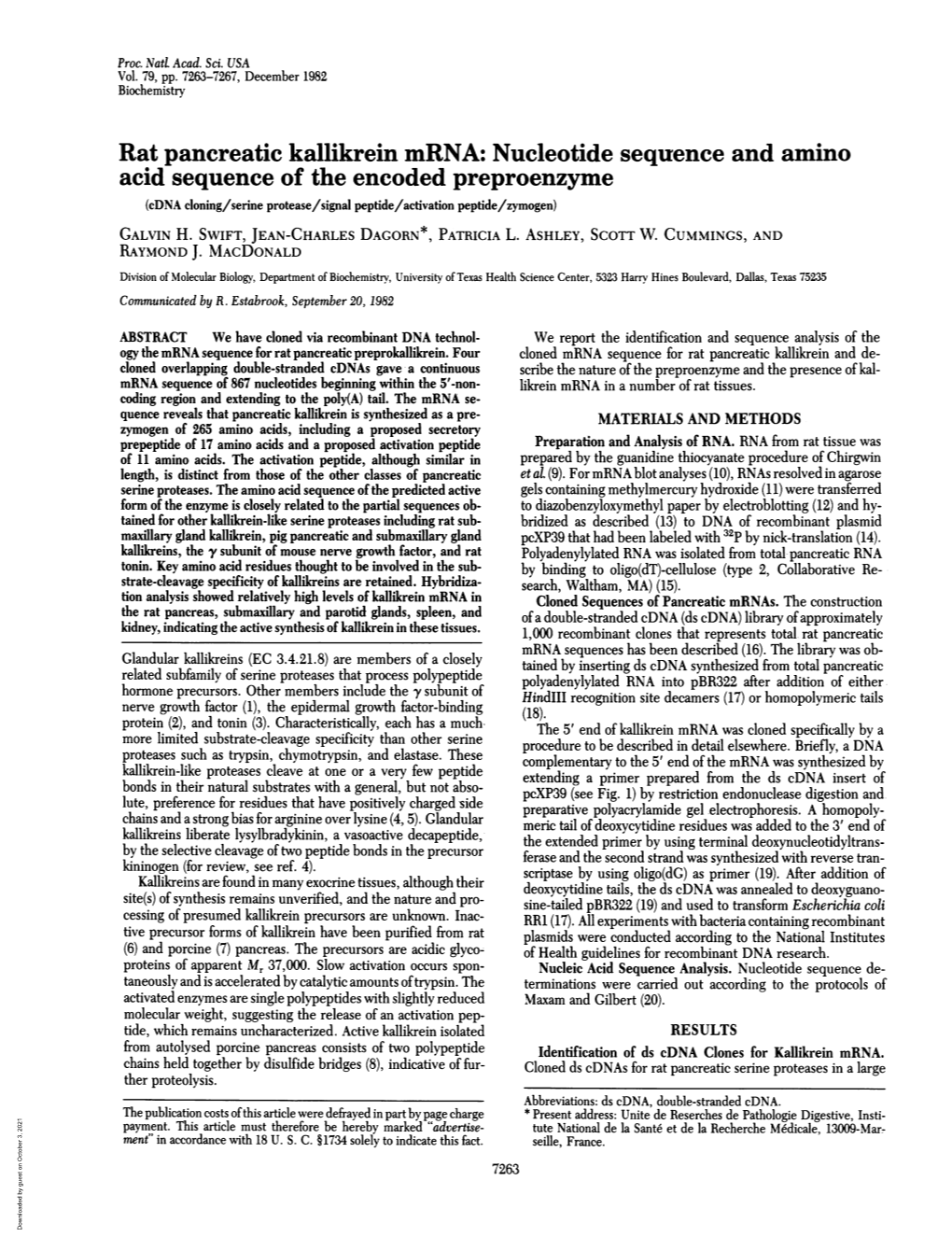 Rat Pancreatic Kallikrein Mrna: Nucleotide Sequence and Amino