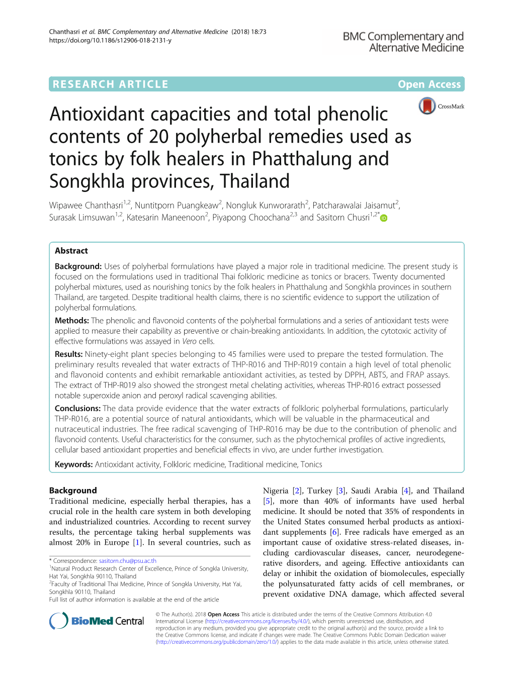 Antioxidant Capacities and Total Phenolic Contents of 20 Polyherbal