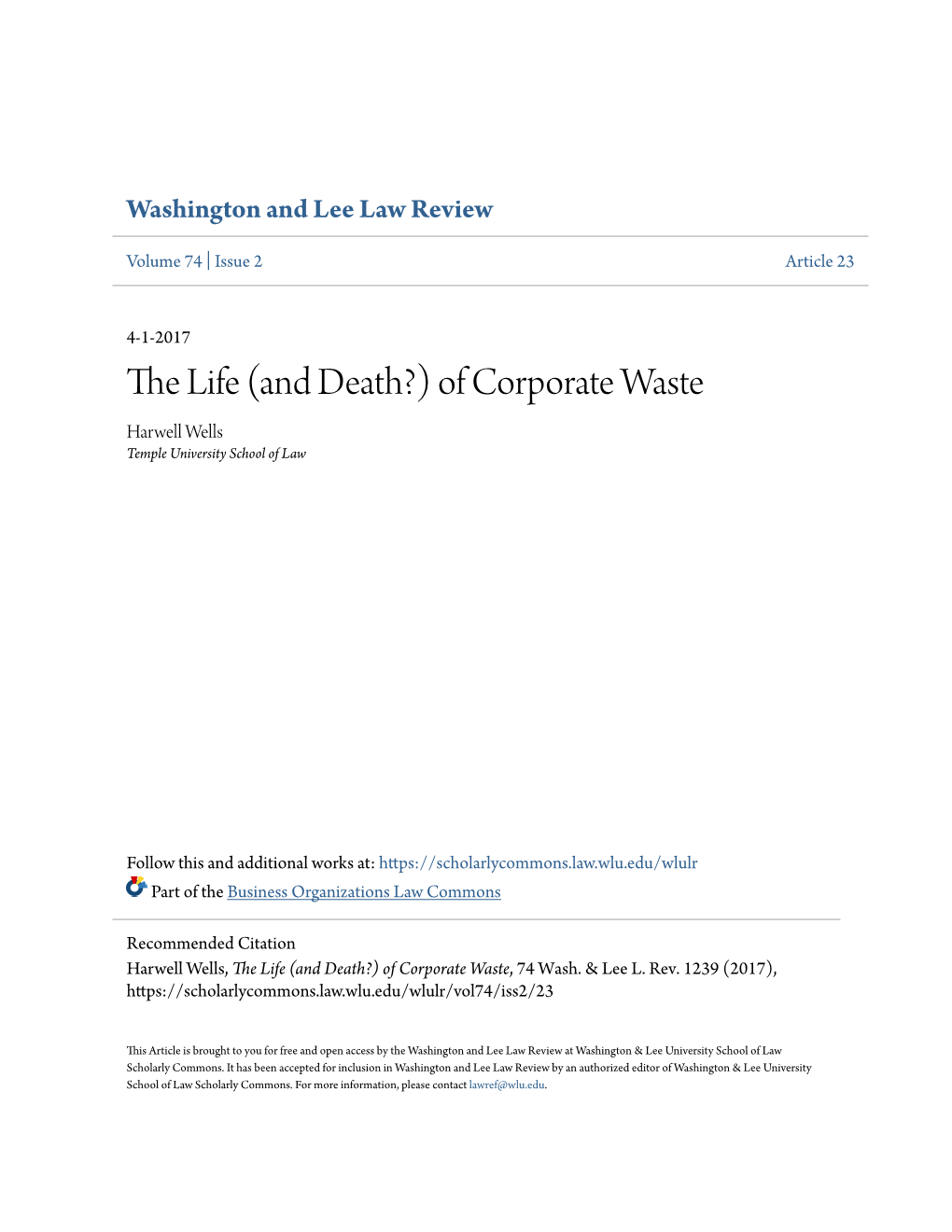 The Life (And Death?) of Corporate Waste Harwell Wells Temple University School of Law