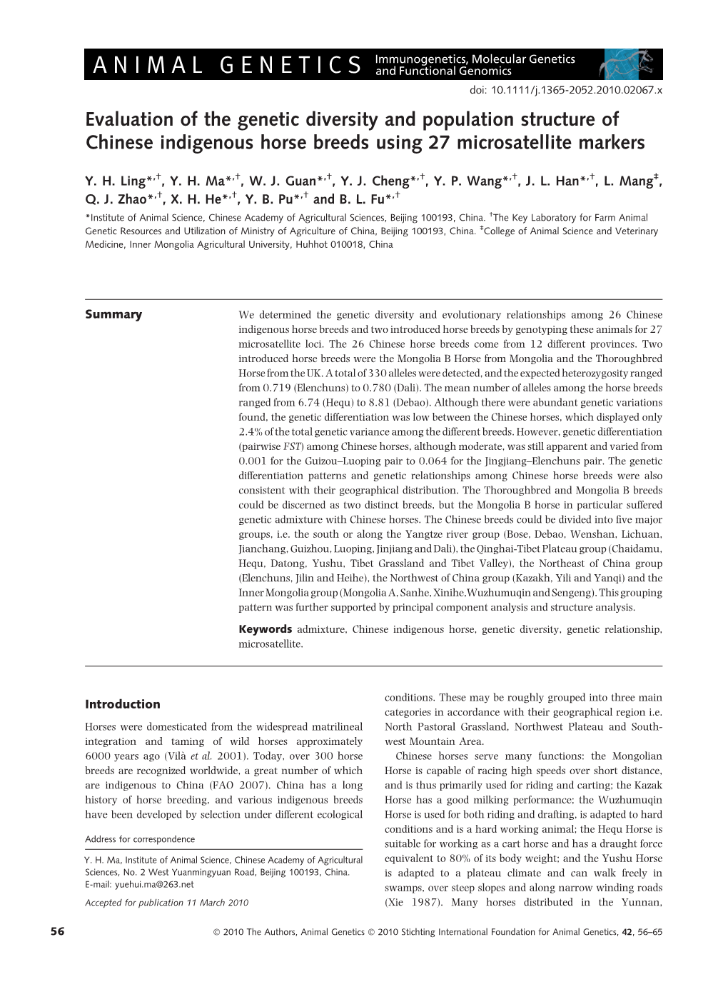 Evaluation of the Genetic Diversity and Population Structure of Chinese Indigenous Horse Breeds Using 27 Microsatellite Markers