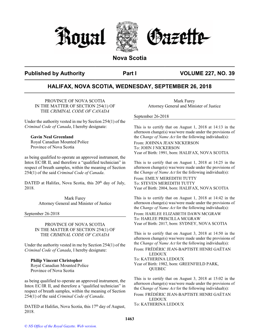 NS Royal Gazette Part I