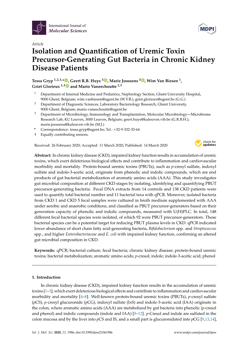 Isolation and Quantification of Uremic Toxin Precursor-Generating Gut