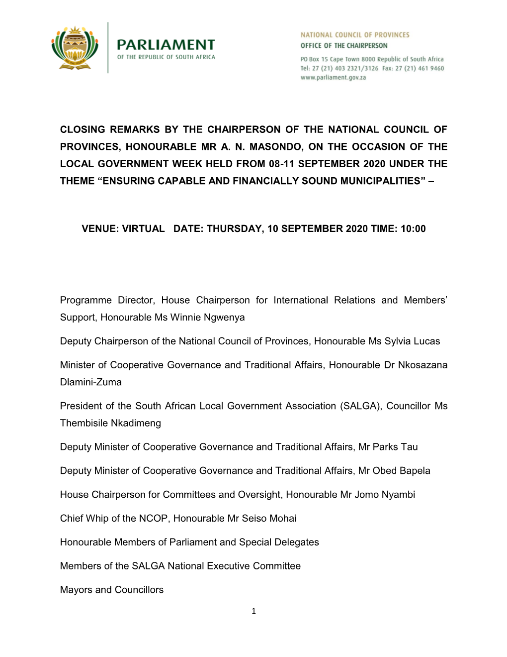 NCOP Chairperson LGW 2020 Closing Remarks 10 September 2020