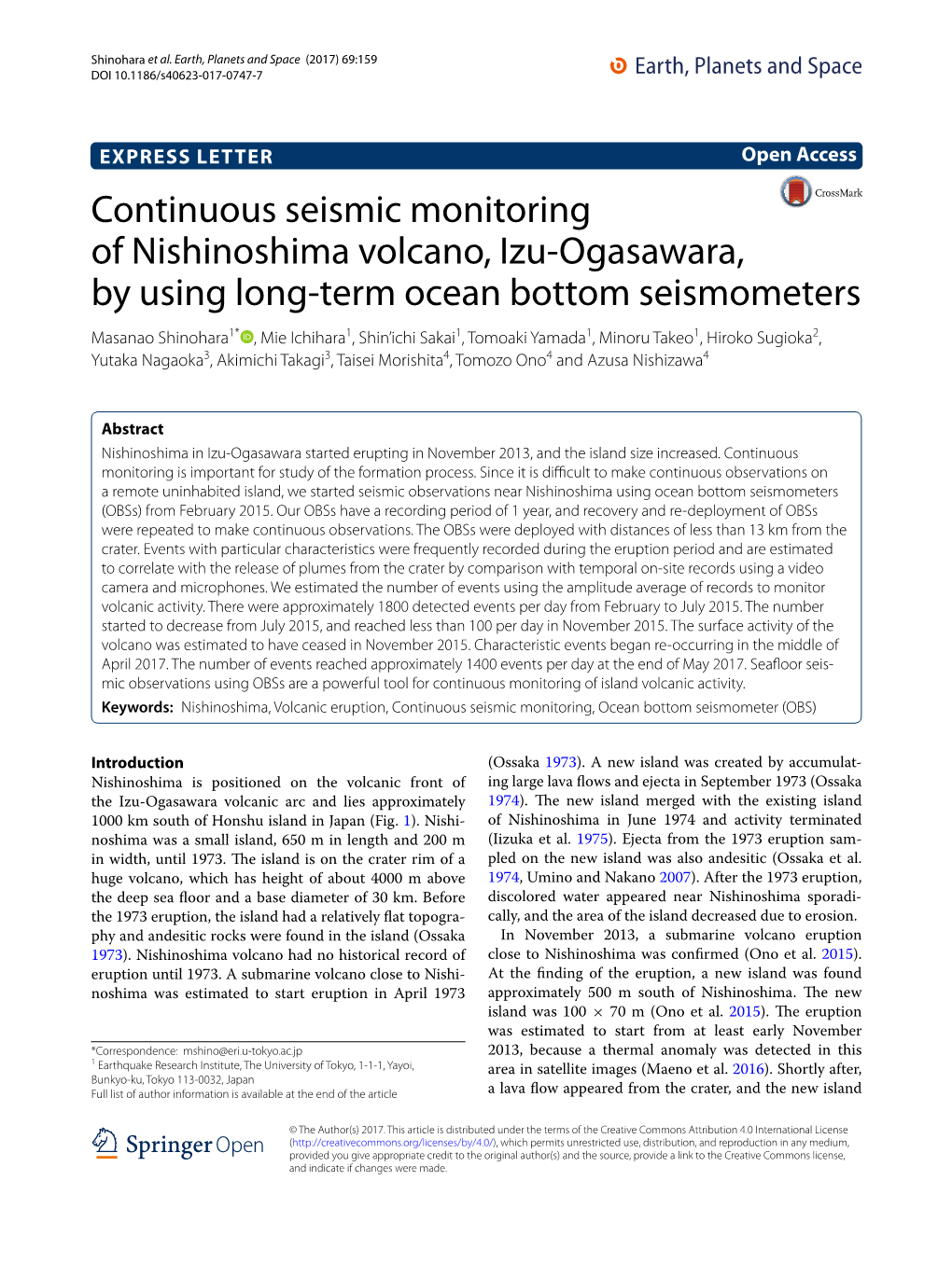 Continuous Seismic Monitoring of Nishinoshima Volcano, Izu