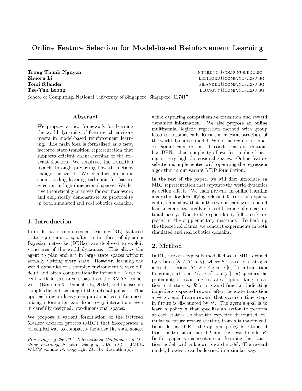 Online Feature Selection for Model-Based Reinforcement Learning