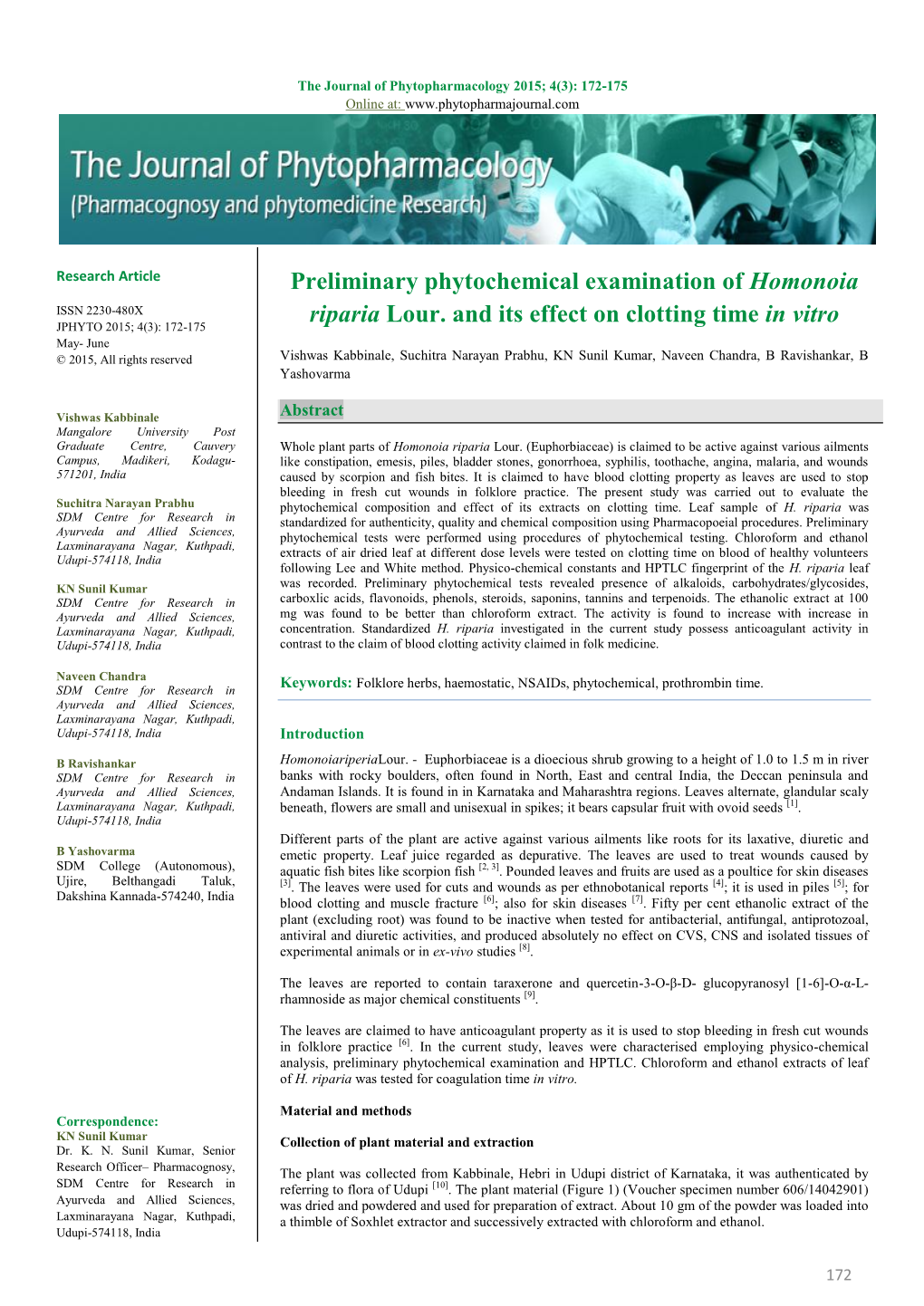 Preliminary Phytochemical Examination of Homonoia Riparia