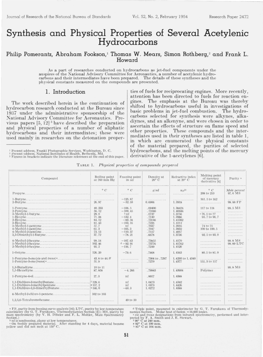 Synthesis and Physical Properties of Several Acetylenic Hydrocarbons Philip Pomerantz, Abraham Fookson,1 Thomas W