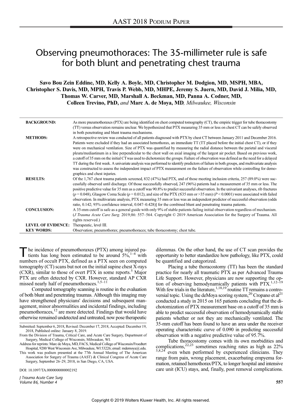 The 35-Millimeter Rule Is Safe for Both Blunt and Penetrating Chest Trauma