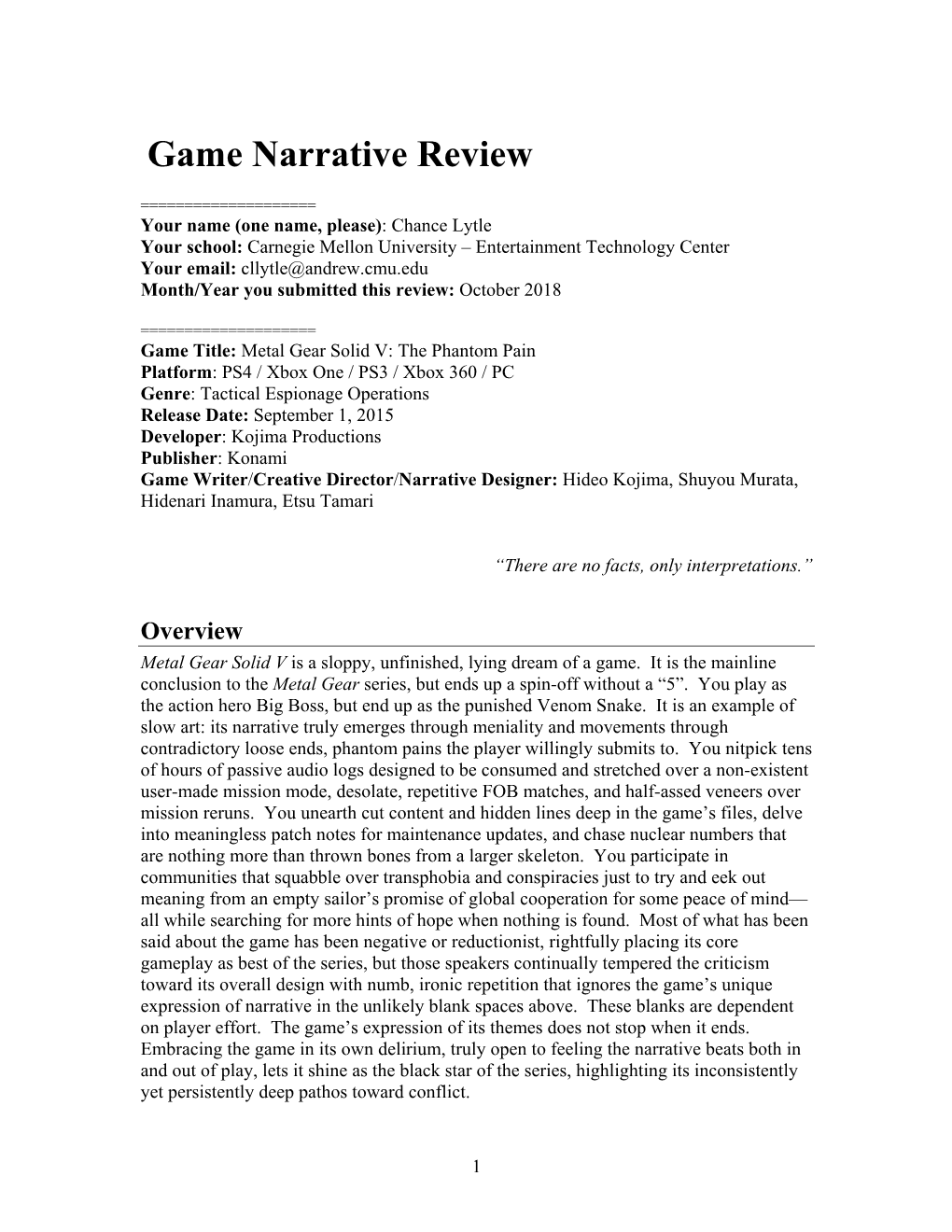 Game Narrative Review