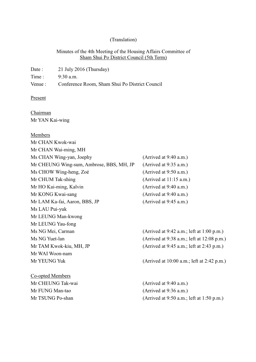 Minutes of the 4Th Meeting of the Housing Affairs Committee of Sham Shui Po District Council (5Th Term)