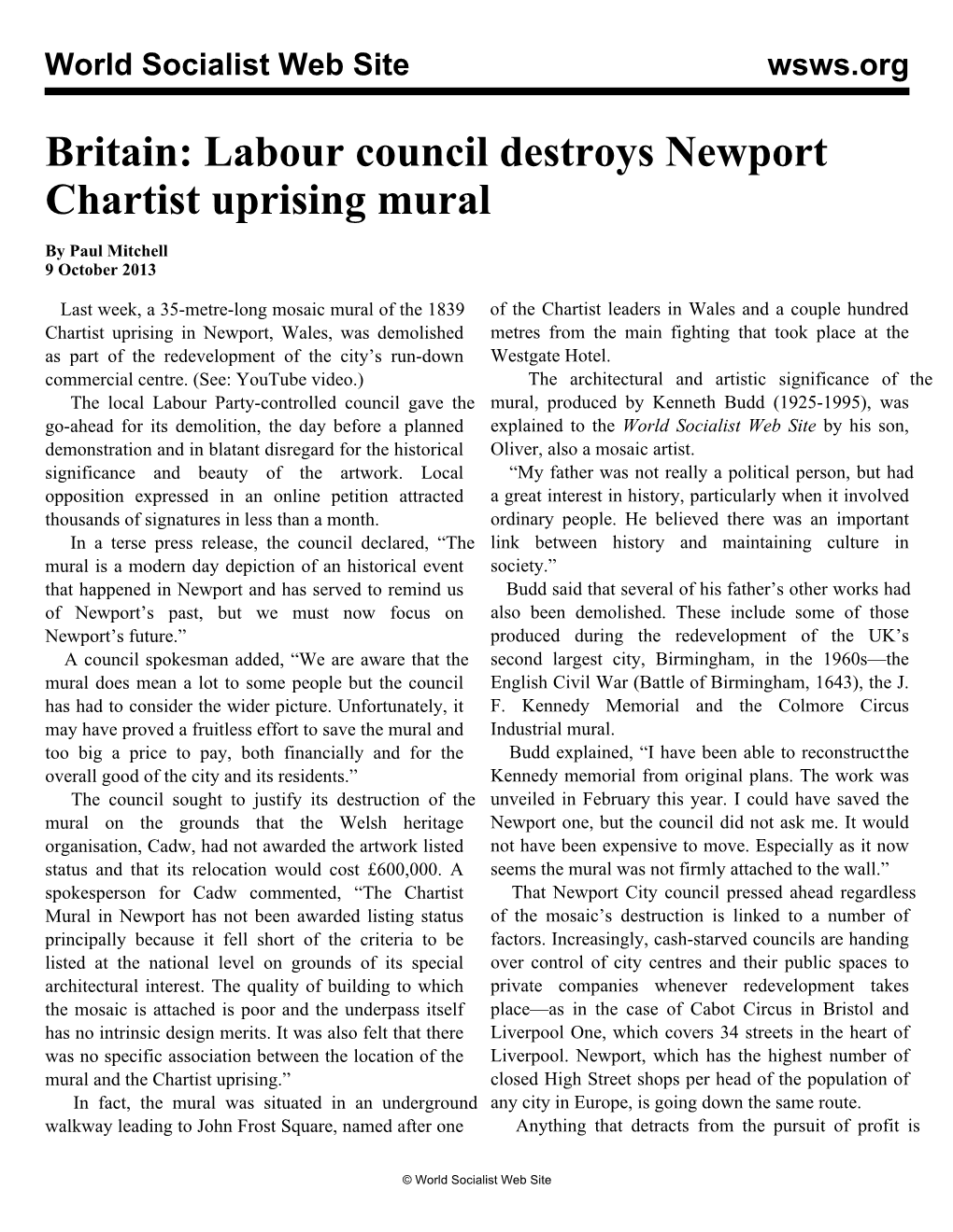 Britain: Labour Council Destroys Newport Chartist Uprising Mural