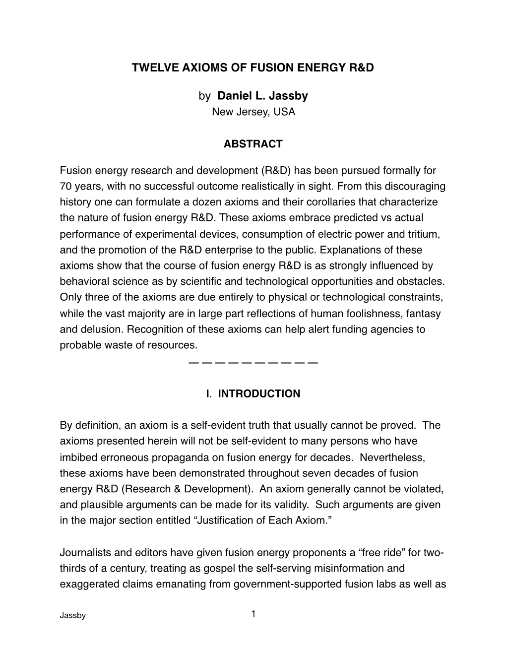 TWELVE AXIOMS of FUSION ENERGY R&D by Daniel L. Jassby