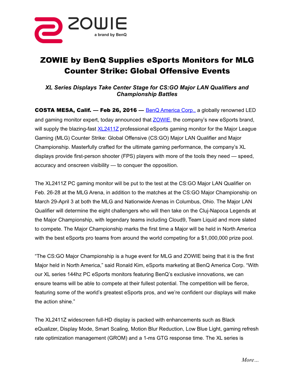 ZOWIE by Benqsupplies Esports Monitors for MLG Counter Strike: Global Offensive Events