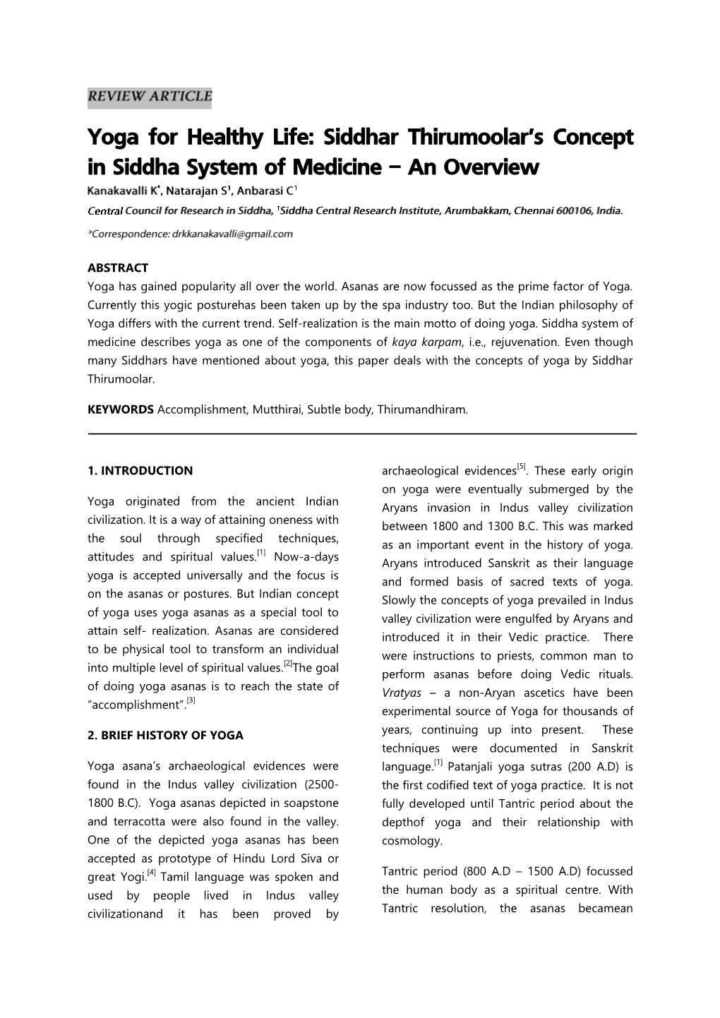 Yoga for Healthy Life: Siddhar Thirumoolar's Concept in Siddha System of Medicine – an Overview