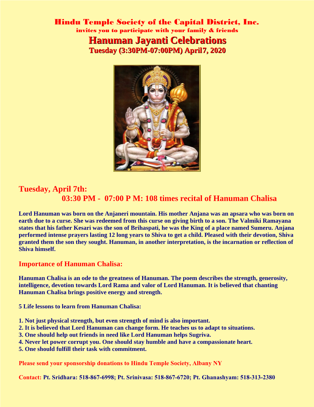 Hanuman Jayanti Celebrations Tuesday (3:30PM-07:00PM) April 7, 2020