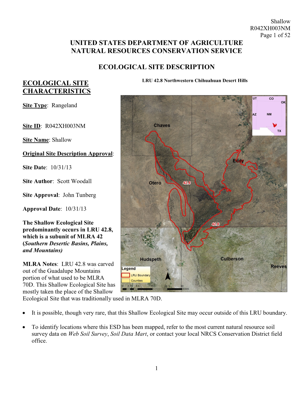 Shallow R042XH003NM Page 1 of 52 UNITED STATES DEPARTMENT of AGRICULTURE NATURAL RESOURCES CONSERVATION SERVICE