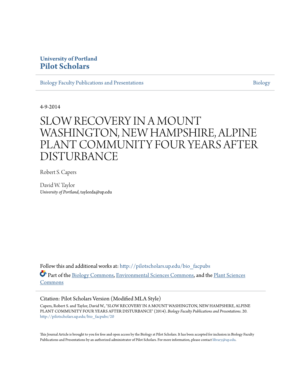 SLOW RECOVERY in a MOUNT WASHINGTON, NEW HAMPSHIRE, ALPINE PLANT COMMUNITY FOUR YEARS AFTER DISTURBANCE Robert S