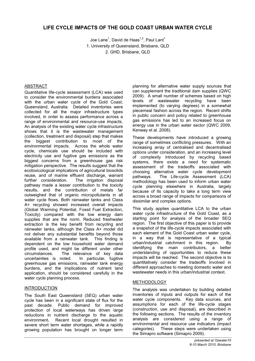 Life Cycle Impacts of the Gold Coast Urban Water Cycle