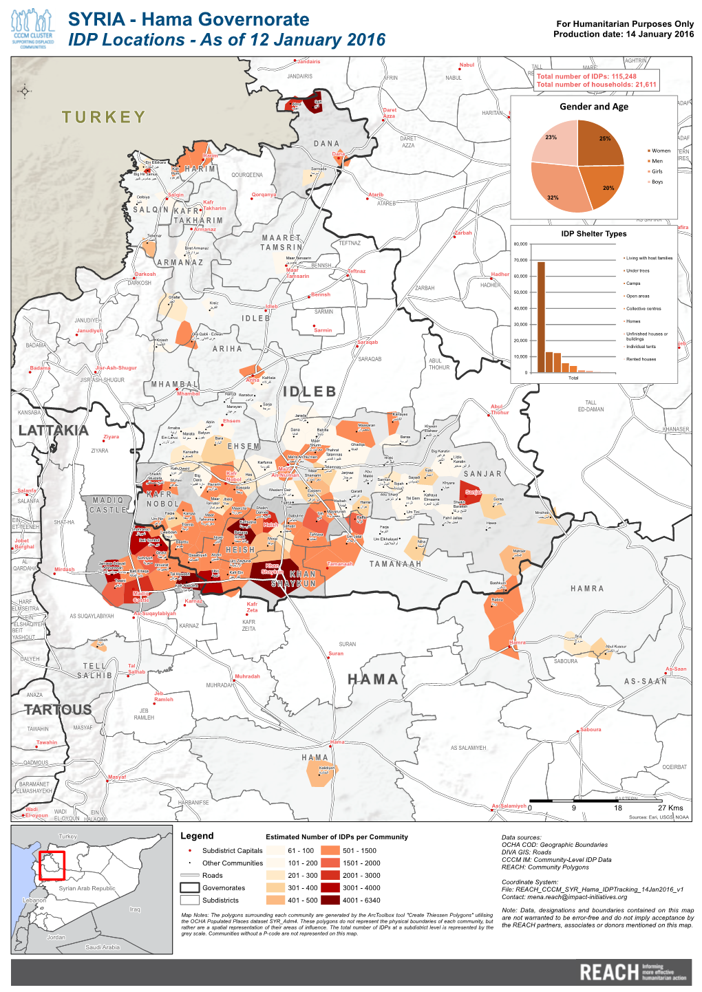 SYRIA - Hama Governorate for Humanitarian Purposes Only IDP Locations - As of 12 January 2016 Production Date: 14 January 2016