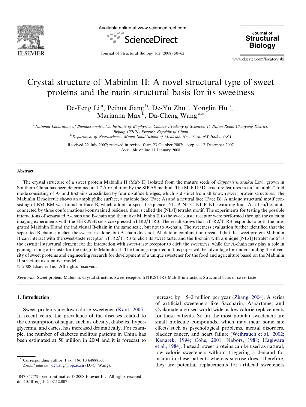 A Novel Structural Type of Sweet Proteins and the Main Structural Basis for Its Sweetness