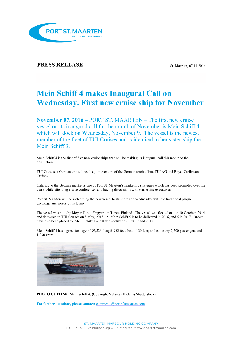 Mein Schiff 4 Makes Inaugural Call on Wednesday. First New Cruise Ship for November