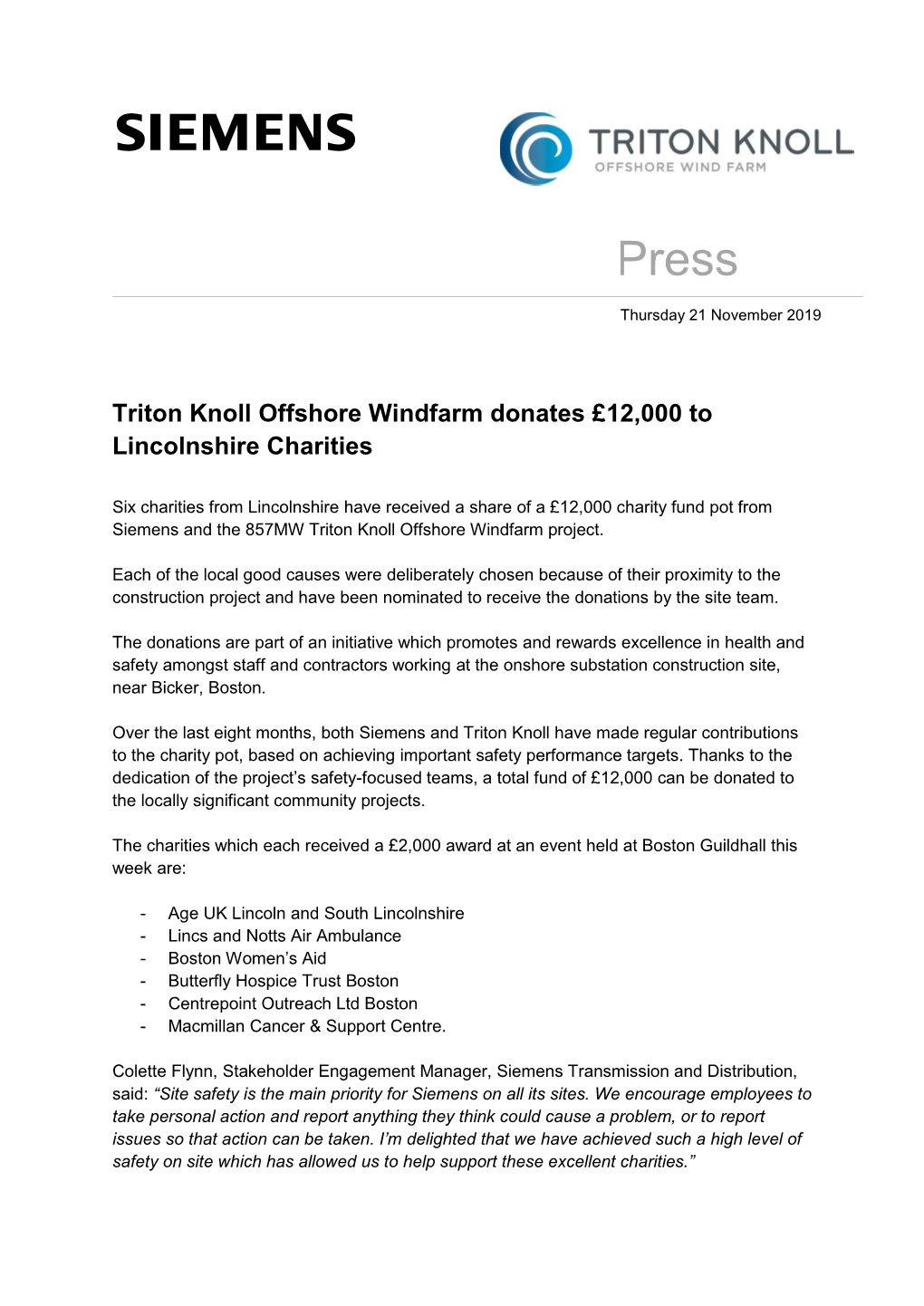 11/2019: Triton Knoll Offshore Windfarm Donates £12000 to Lincolnshire Charities