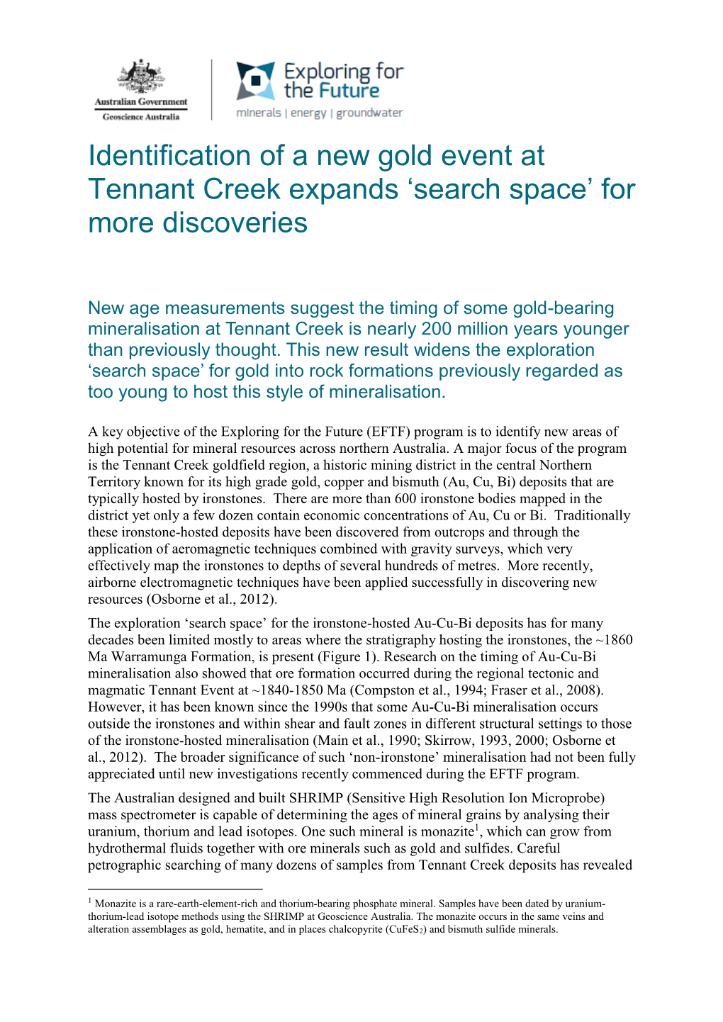 Identification of a New Gold Event at Tennant Creek Expands 'Search