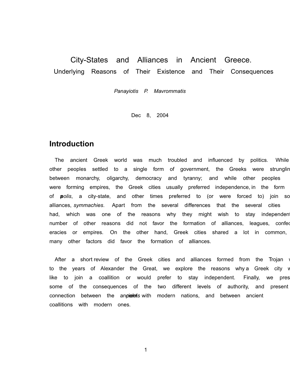 City-States and Alliances in Ancient Greece. Introduction