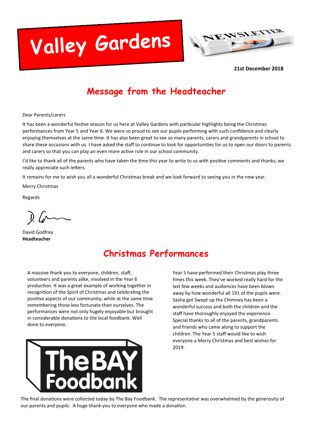 Message from the Headteacher Christmas Performances