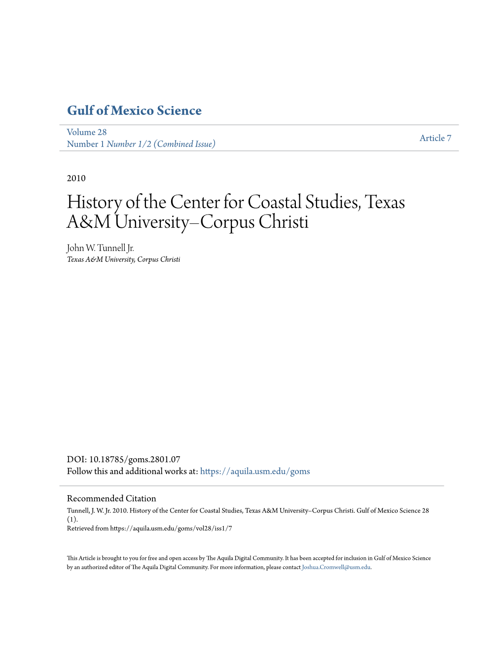 History of the Center for Coastal Studies, Texas A&M Universityâ