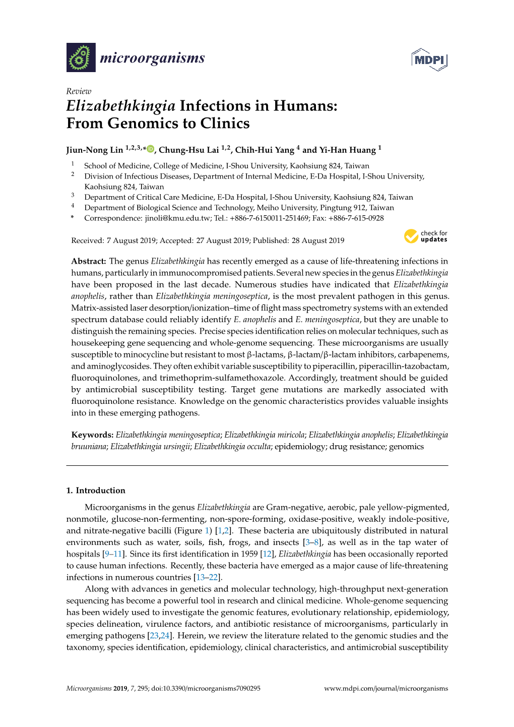 Elizabethkingia Infections in Humans: from Genomics to Clinics