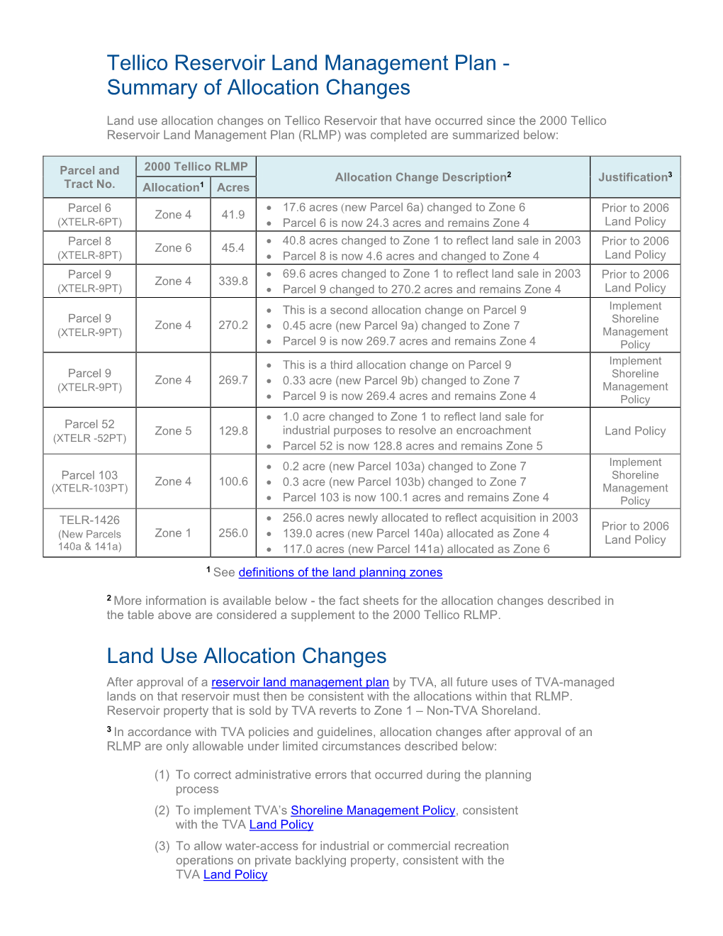 Tellico Reservoir Land Management Plan - Summary of Allocation Changes