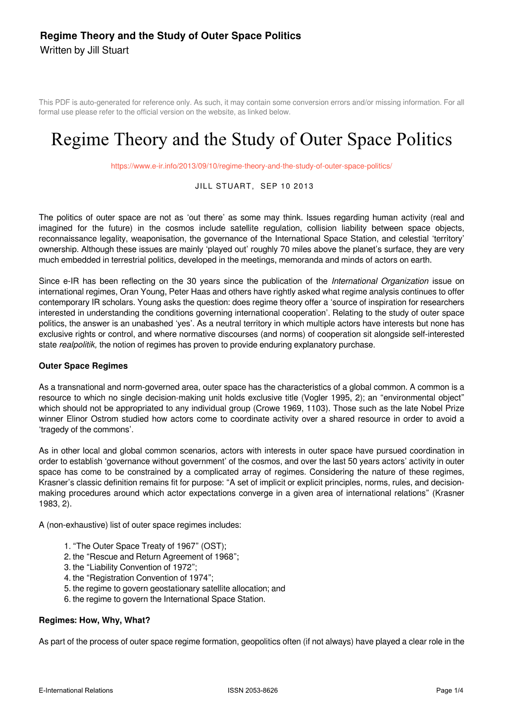 Regime Theory and the Study of Outer Space Politics Written by Jill Stuart