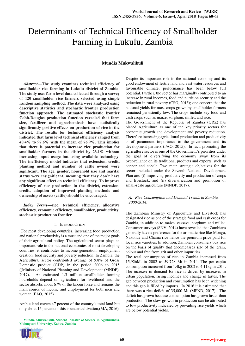 Determinants of Technical Efficency of Smallholder Farming in Lukulu, Zambia