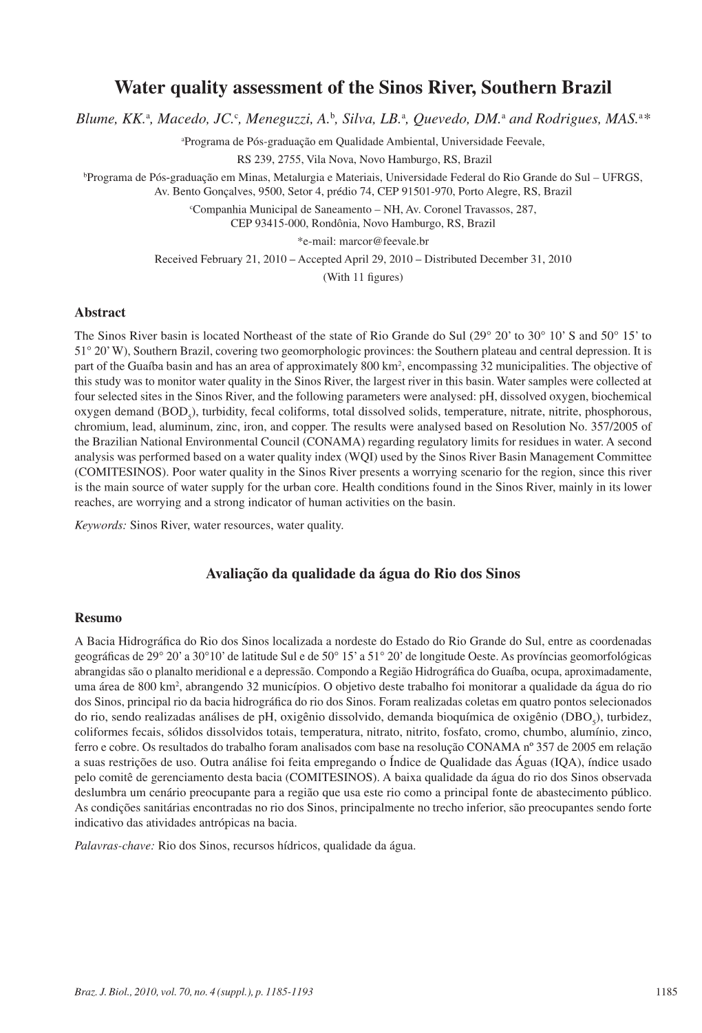 Water Quality Assessment of the Sinos River, Southern Brazil