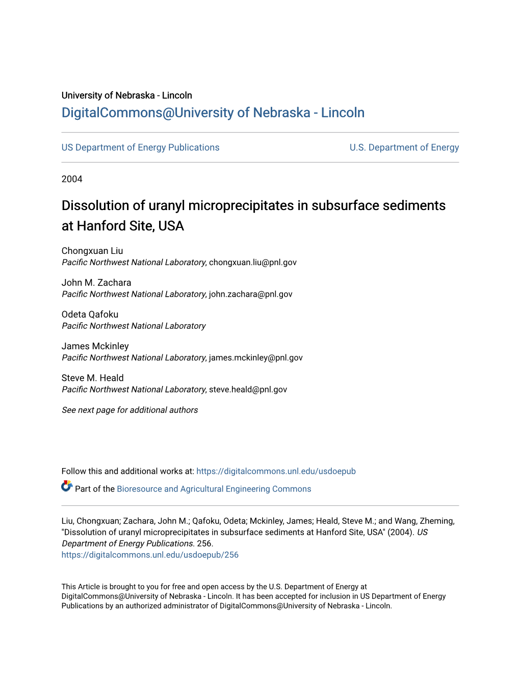 Dissolution of Uranyl Microprecipitates in Subsurface Sediments at Hanford Site, USA