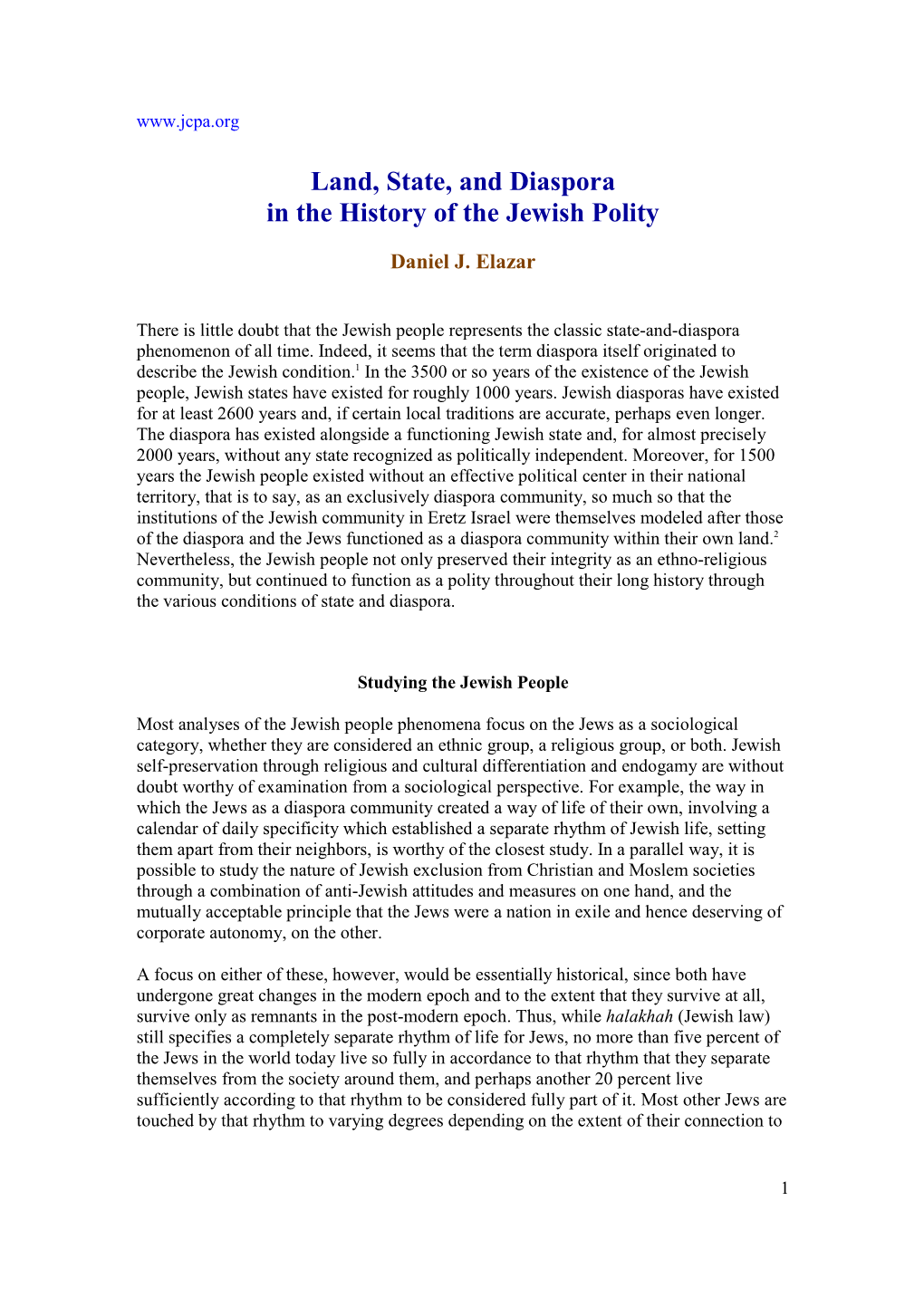 Land, State, and Diaspora in the History of the Jewish Polity