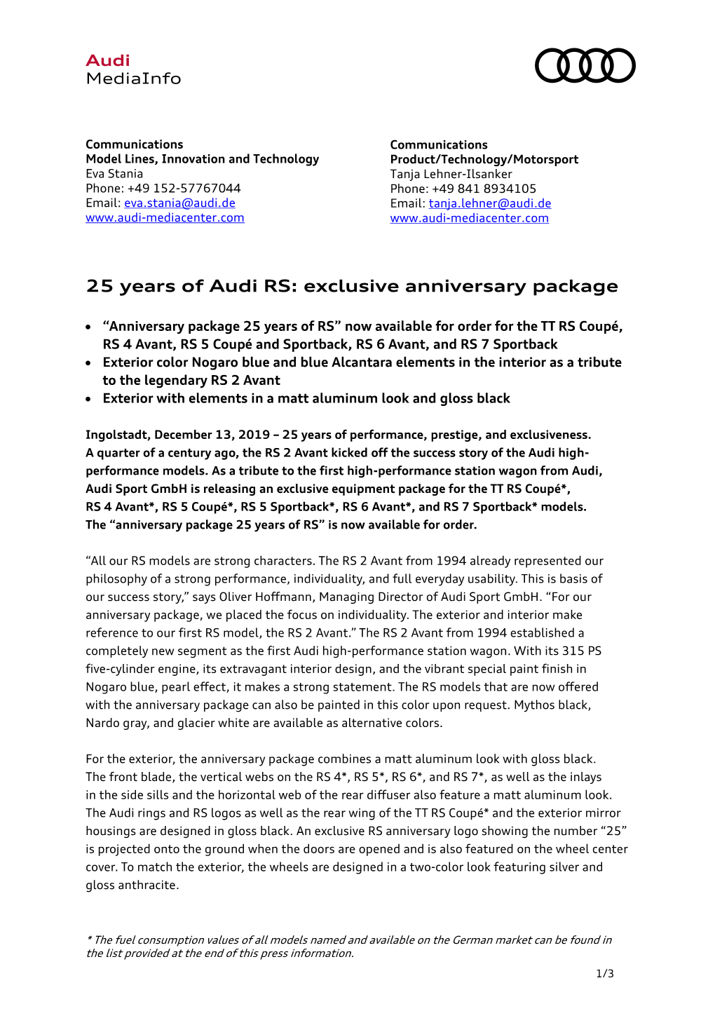 25 Years of Audi RS: Exclusive Anniversary Package