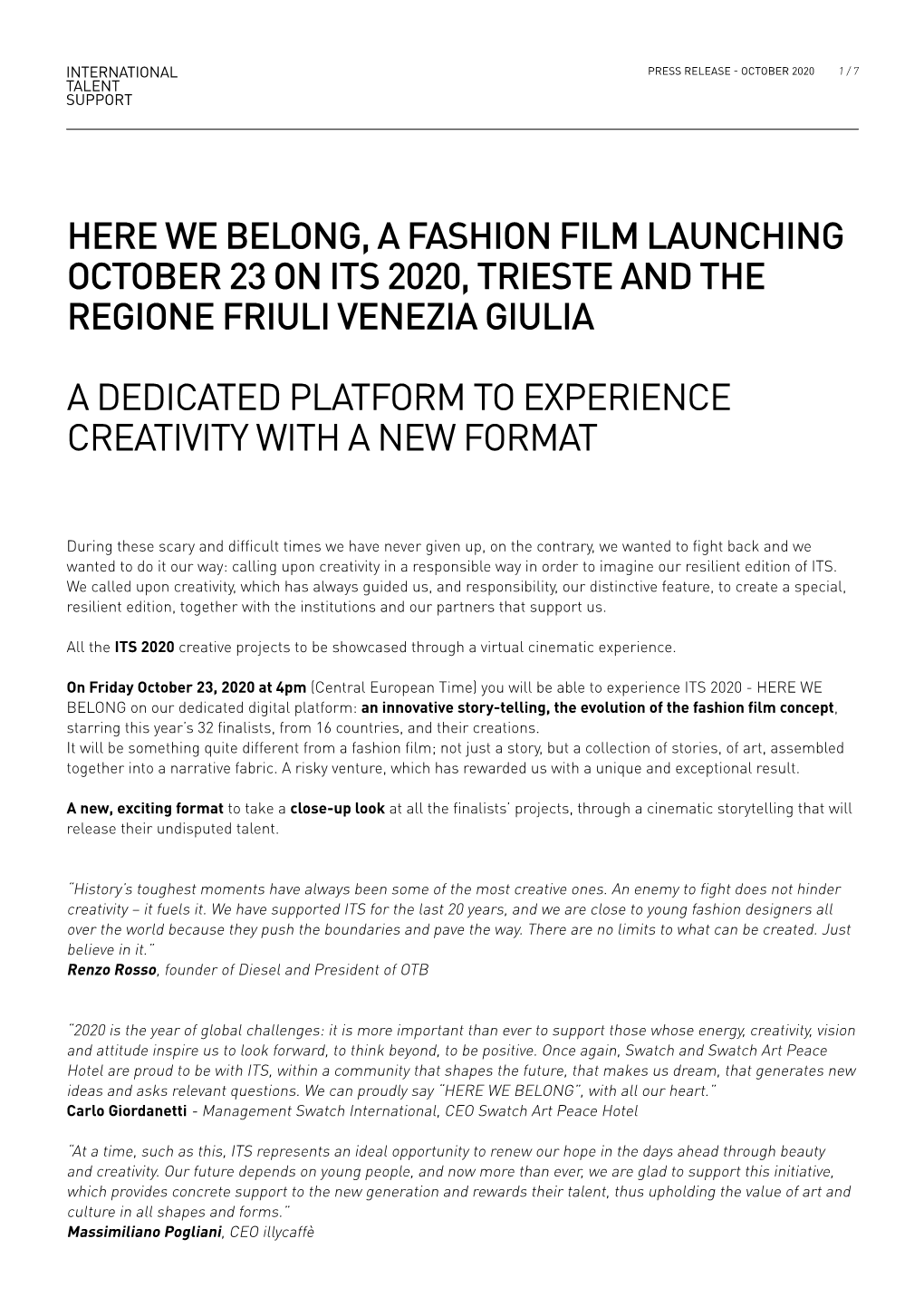 Here We Belong, a Fashion Film Launching October 23 on Its 2020, Trieste and the Regione Friuli Venezia Giulia